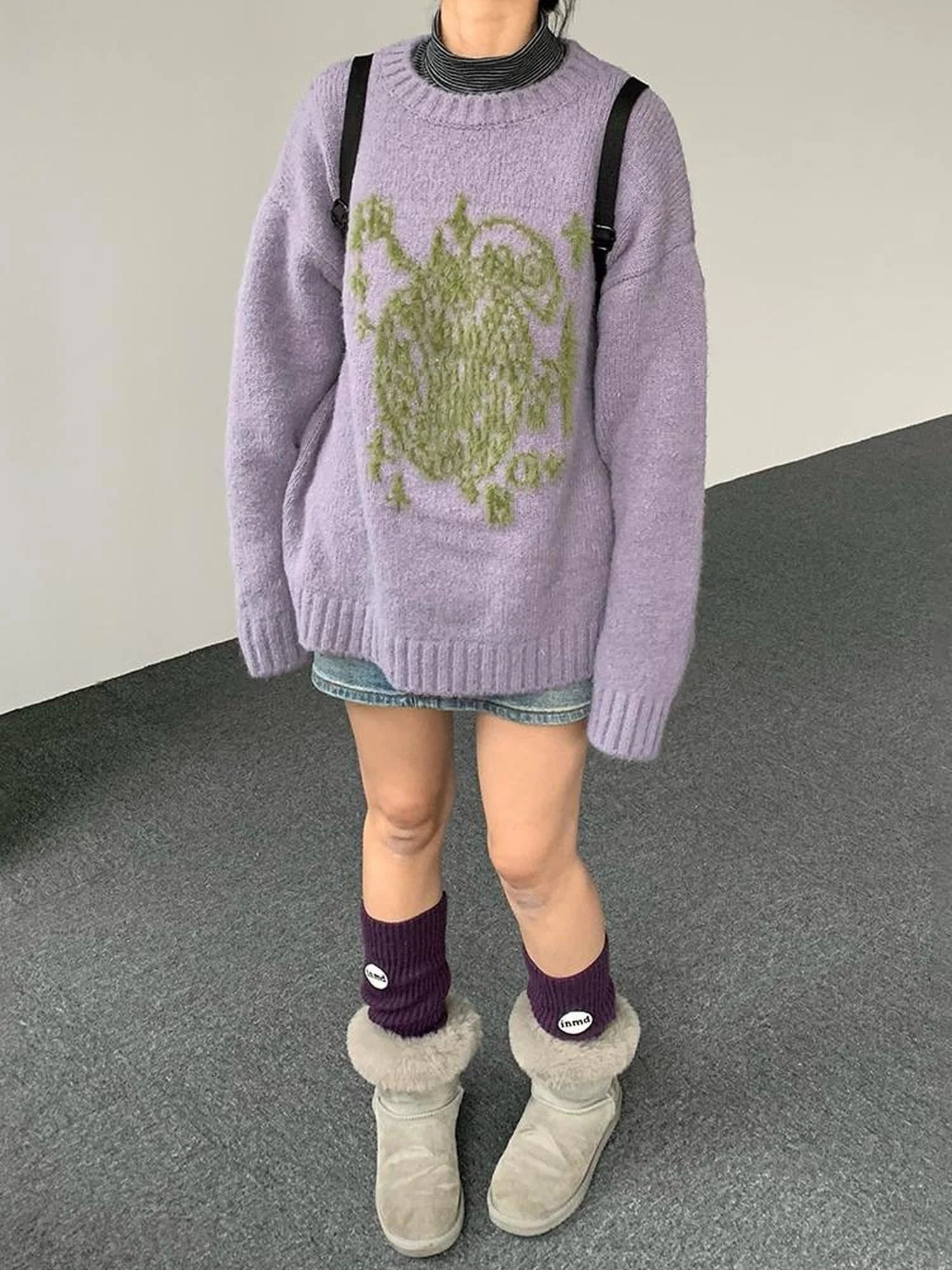 Apple Jacquard Textured Wool Sweater V-Neck T-Shirt Long-Sleeve