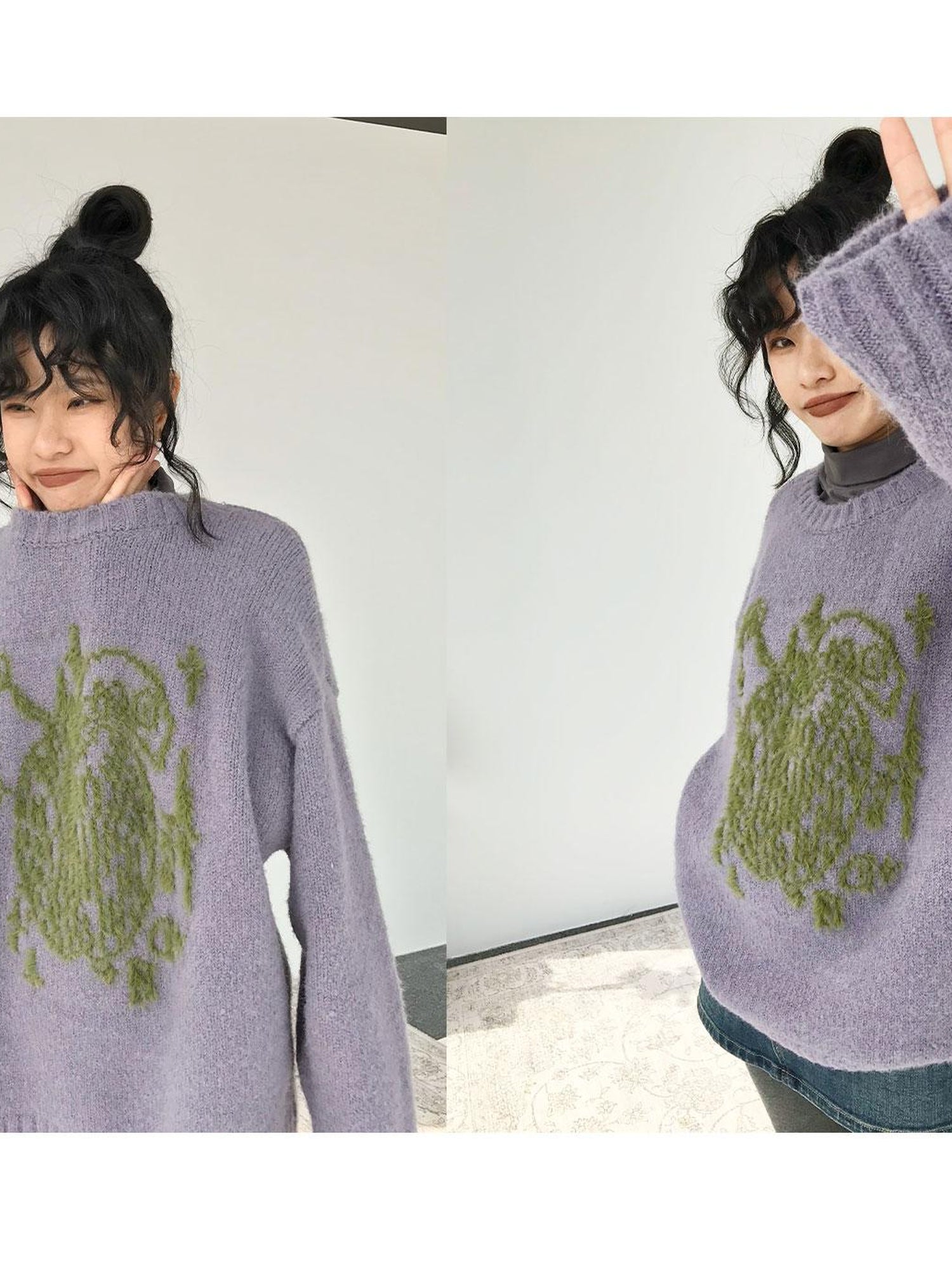 innomoood Apple Jacquard Textured Wool Sweater V-Neck T-Shirt Long-Sleeve