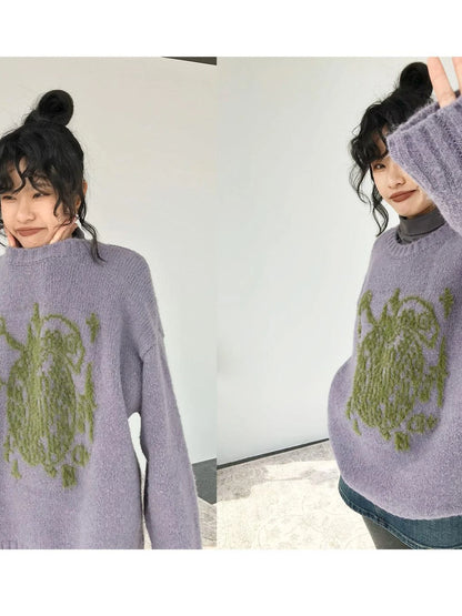 Apple Jacquard Textured Wool Sweater V-Neck T-Shirt Long-Sleeve