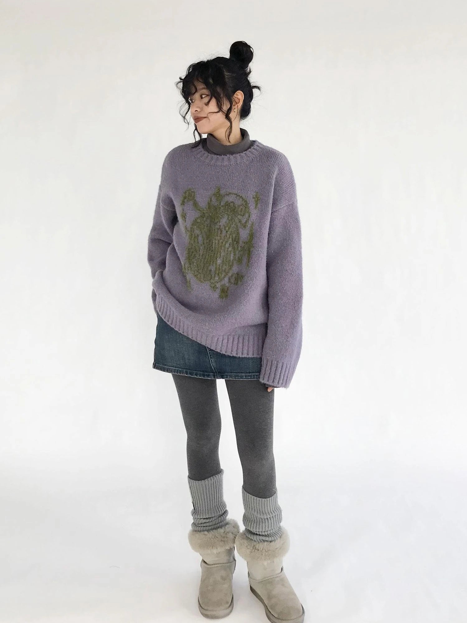 Apple Jacquard Textured Wool Sweater V-Neck T-Shirt Long-Sleeve