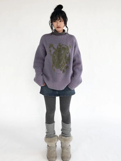 Apple Jacquard Textured Wool Sweater V-Neck T-Shirt Long-Sleeve