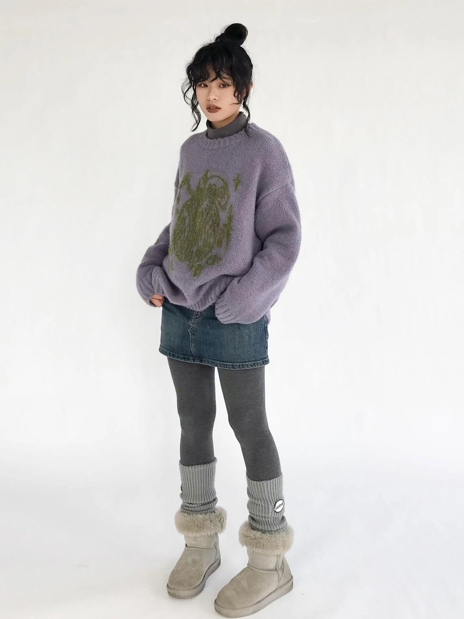 Apple Jacquard Textured Wool Sweater V-Neck T-Shirt Long-Sleeve