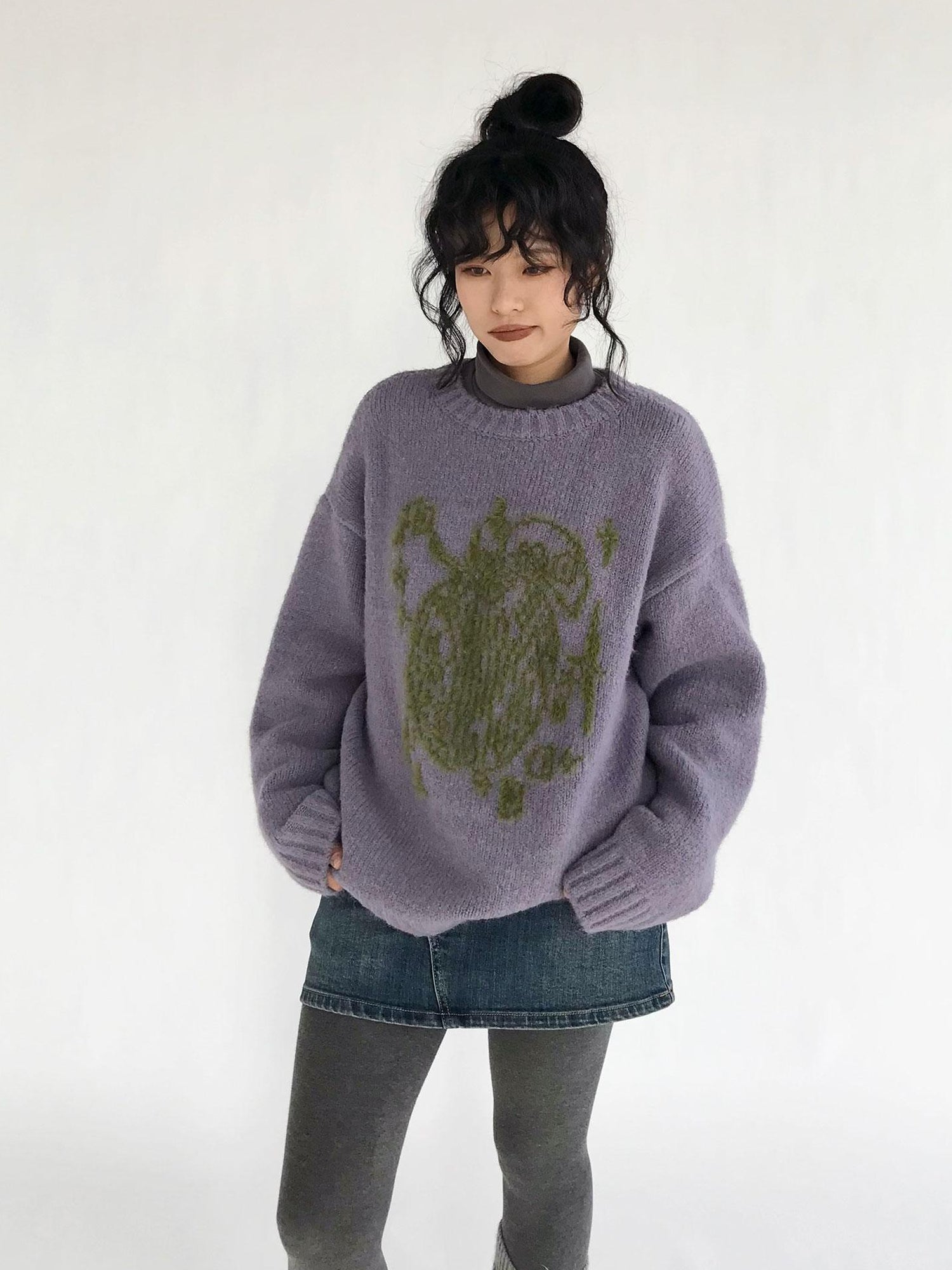 innomoood Apple Jacquard Textured Wool Sweater V-Neck T-Shirt Long-Sleeve