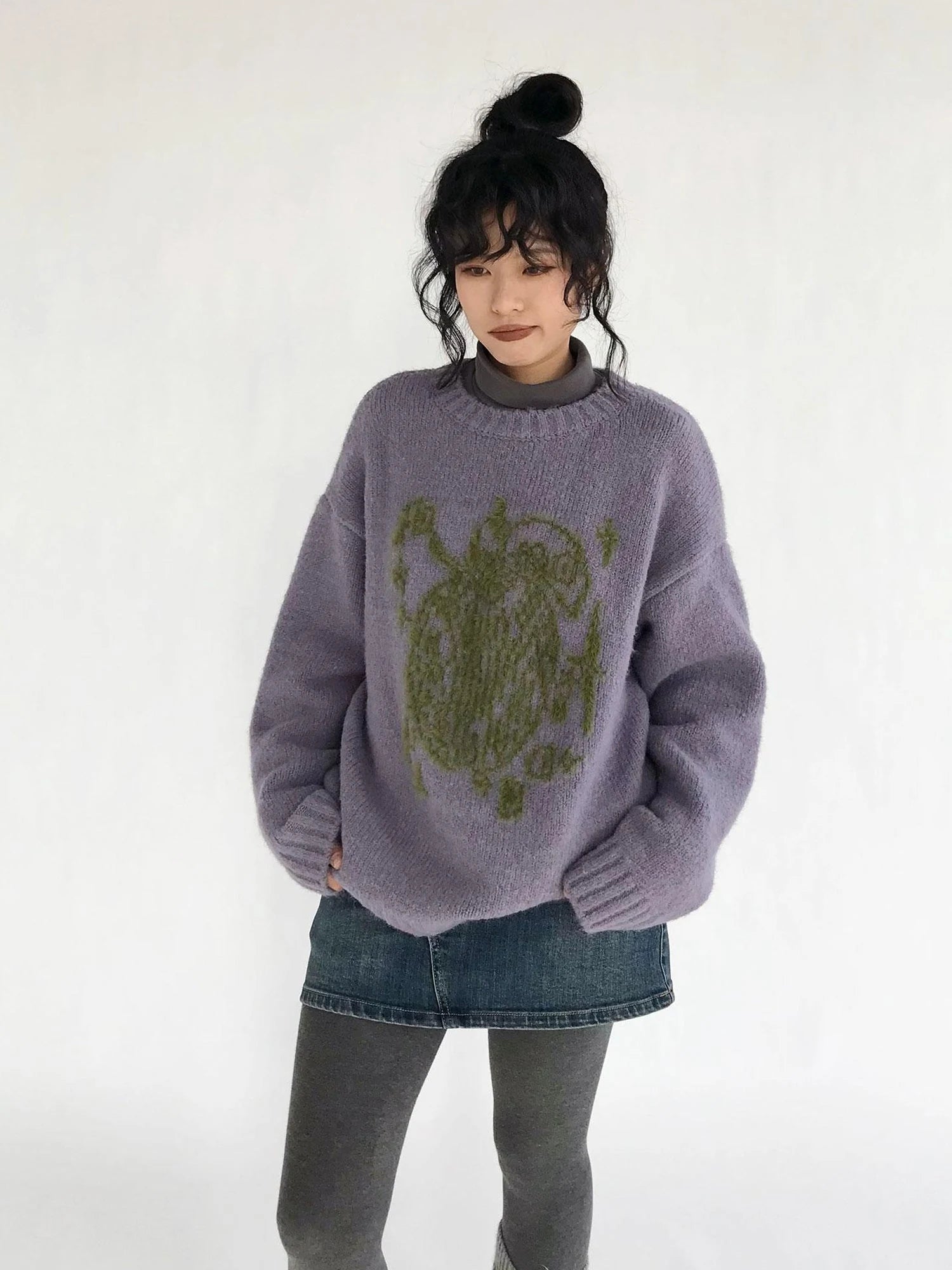 Apple Jacquard Textured Wool Sweater V-Neck T-Shirt Long-Sleeve