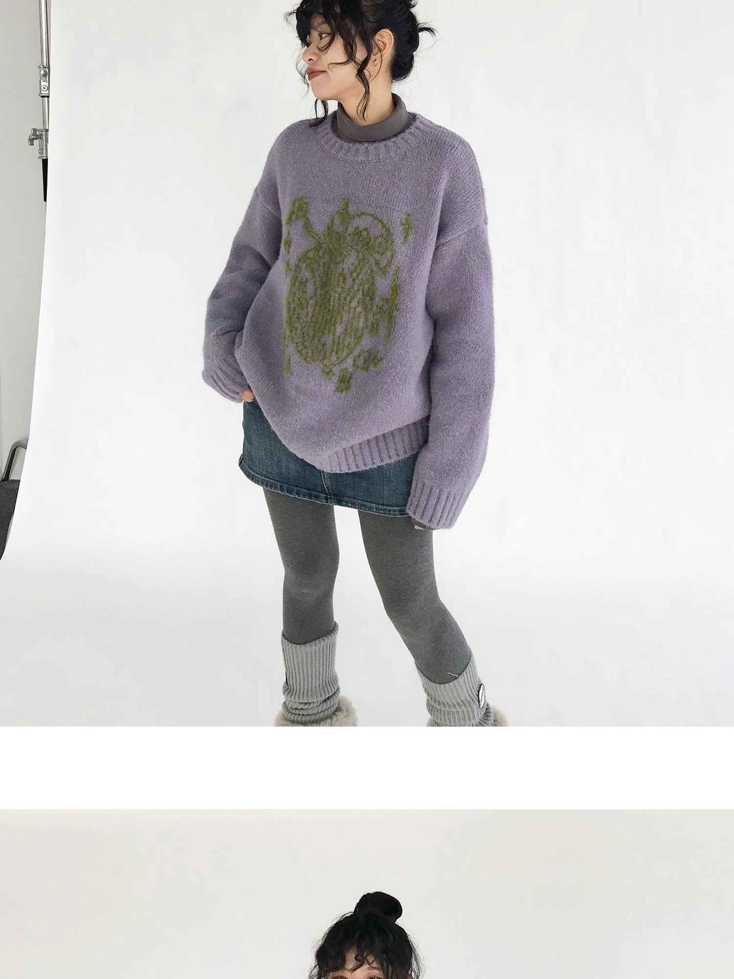 Apple Jacquard Textured Wool Sweater V-Neck T-Shirt Long-Sleeve