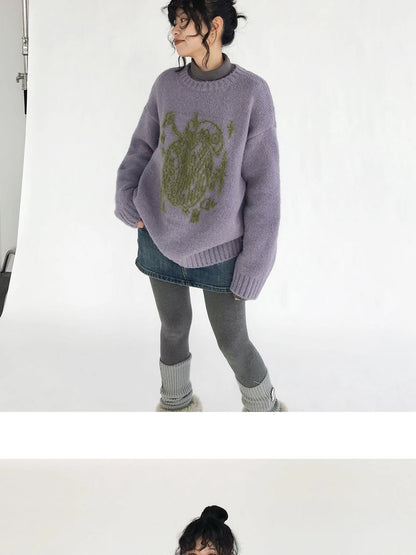 Apple Jacquard Textured Wool Sweater V-Neck T-Shirt Long-Sleeve