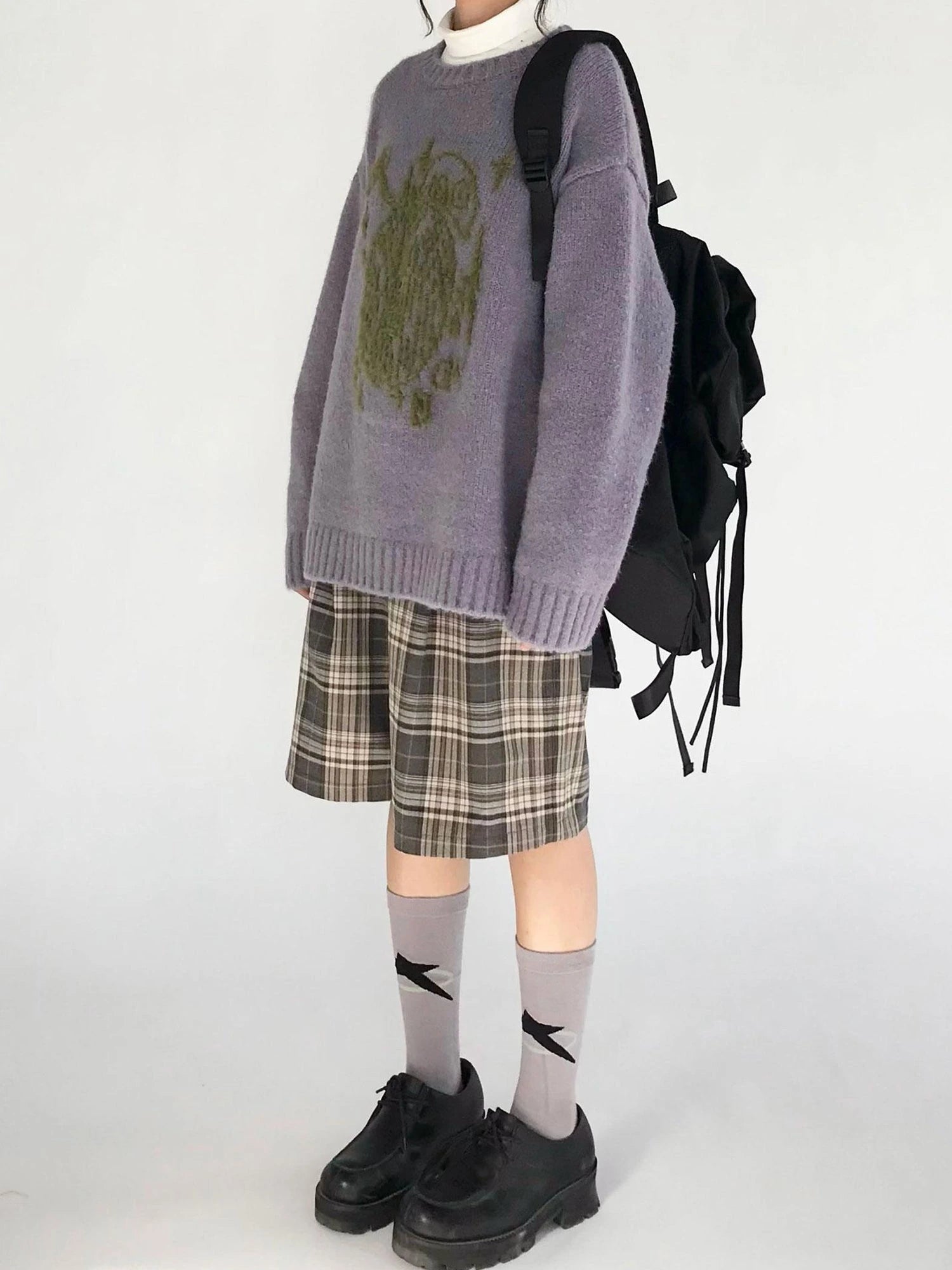 Apple Jacquard Textured Wool Sweater V-Neck T-Shirt Long-Sleeve