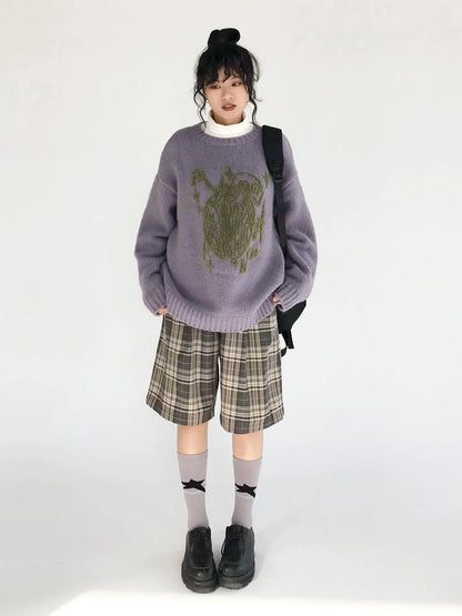 Apple Jacquard Textured Wool Sweater V-Neck T-Shirt Long-Sleeve