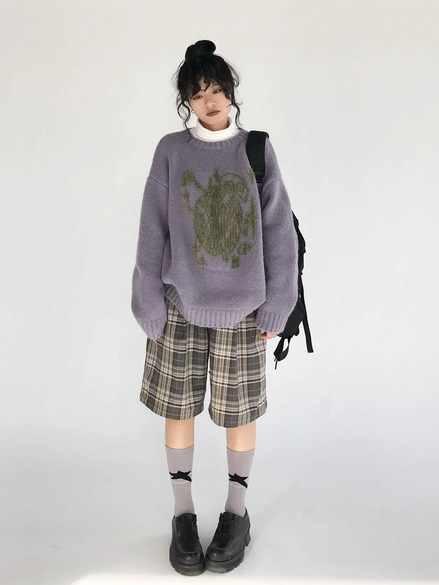 Apple Jacquard Textured Wool Sweater V-Neck T-Shirt Long-Sleeve