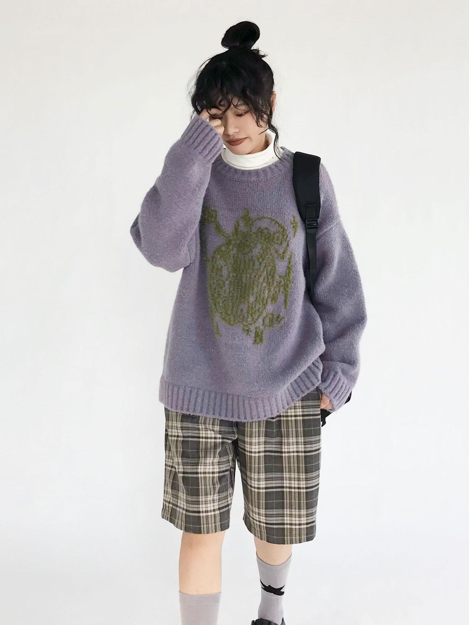 innomoood Apple Jacquard Textured Wool Sweater V-Neck T-Shirt Long-Sleeve