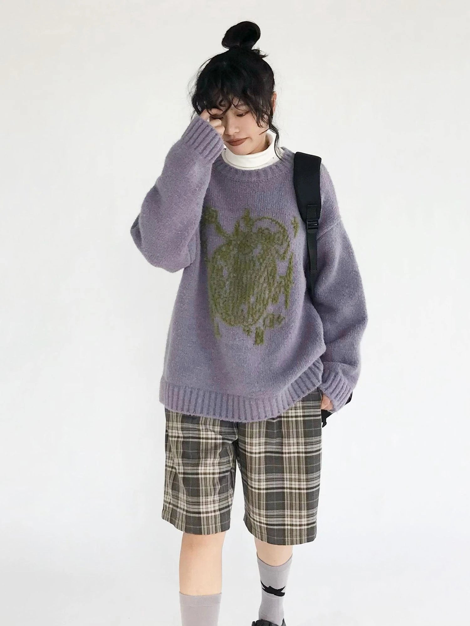 Apple Jacquard Textured Wool Sweater V-Neck T-Shirt Long-Sleeve