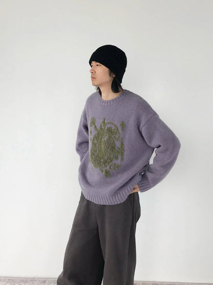 Apple Jacquard Textured Wool Sweater V-Neck T-Shirt Long-Sleeve