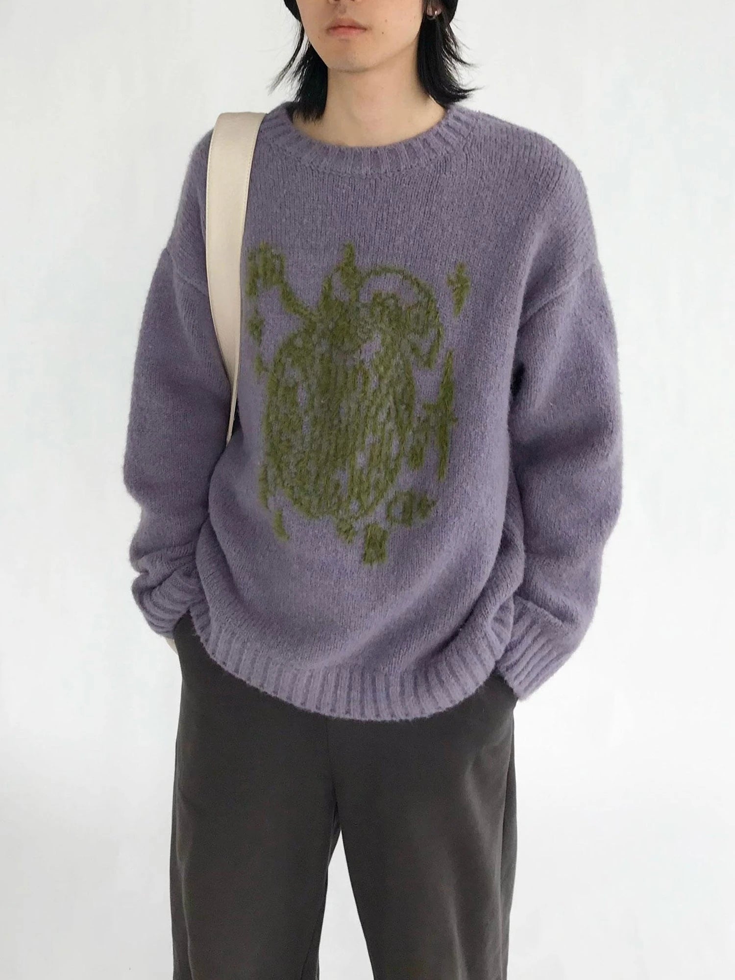 Apple Jacquard Textured Wool Sweater V-Neck T-Shirt Long-Sleeve