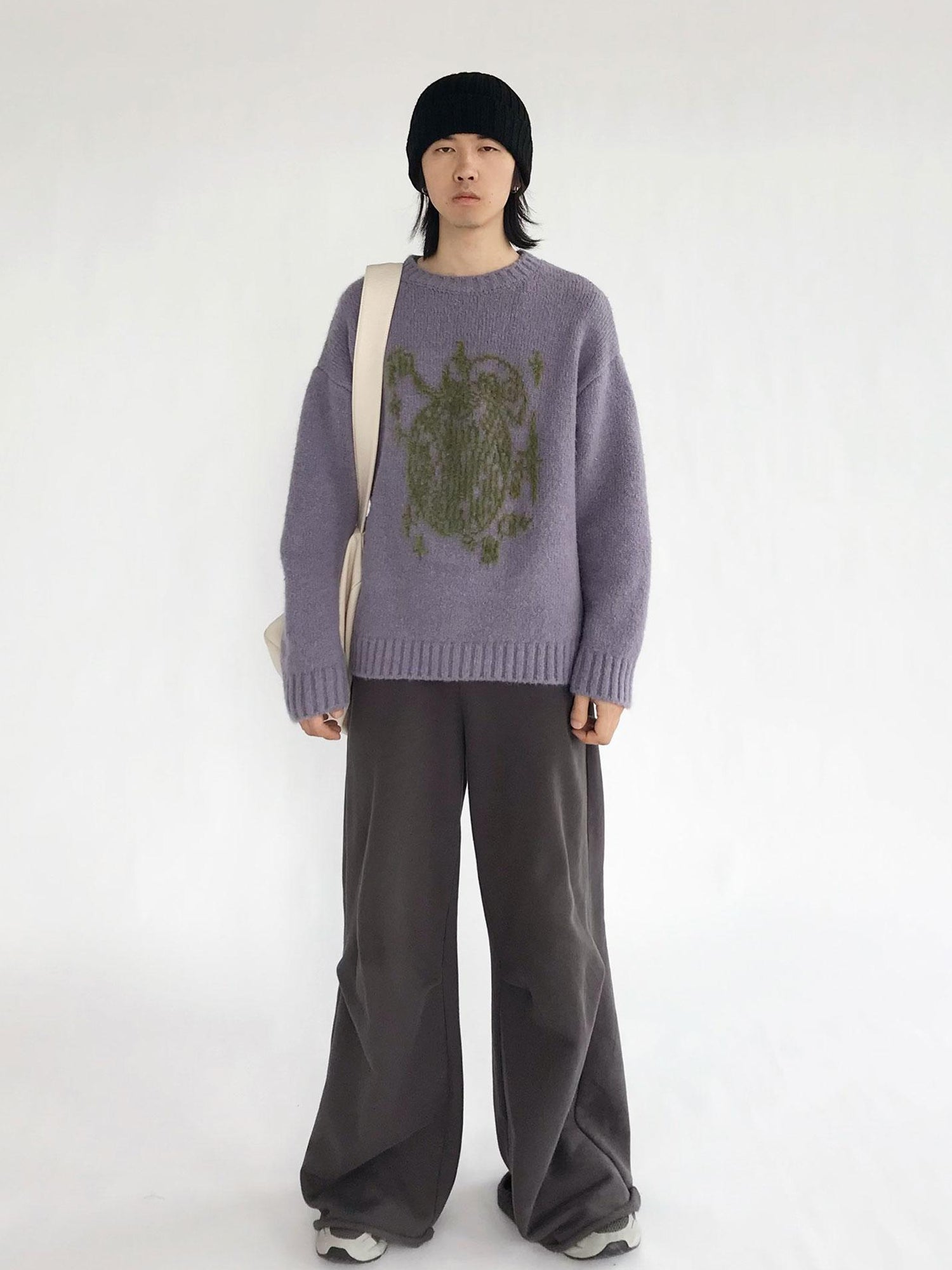innomoood Apple Jacquard Textured Wool Sweater V-Neck T-Shirt Long-Sleeve