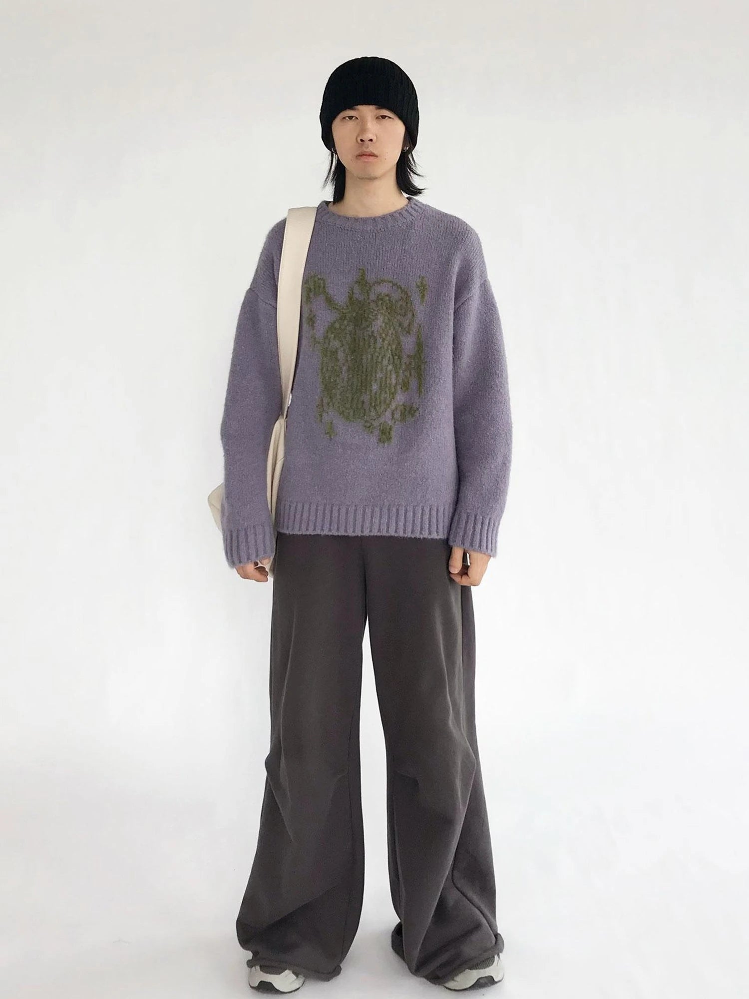 Apple Jacquard Textured Wool Sweater V-Neck T-Shirt Long-Sleeve