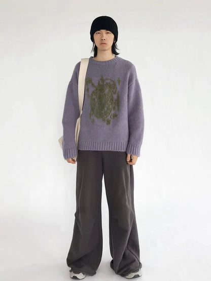 Apple Jacquard Textured Wool Sweater V-Neck T-Shirt Long-Sleeve