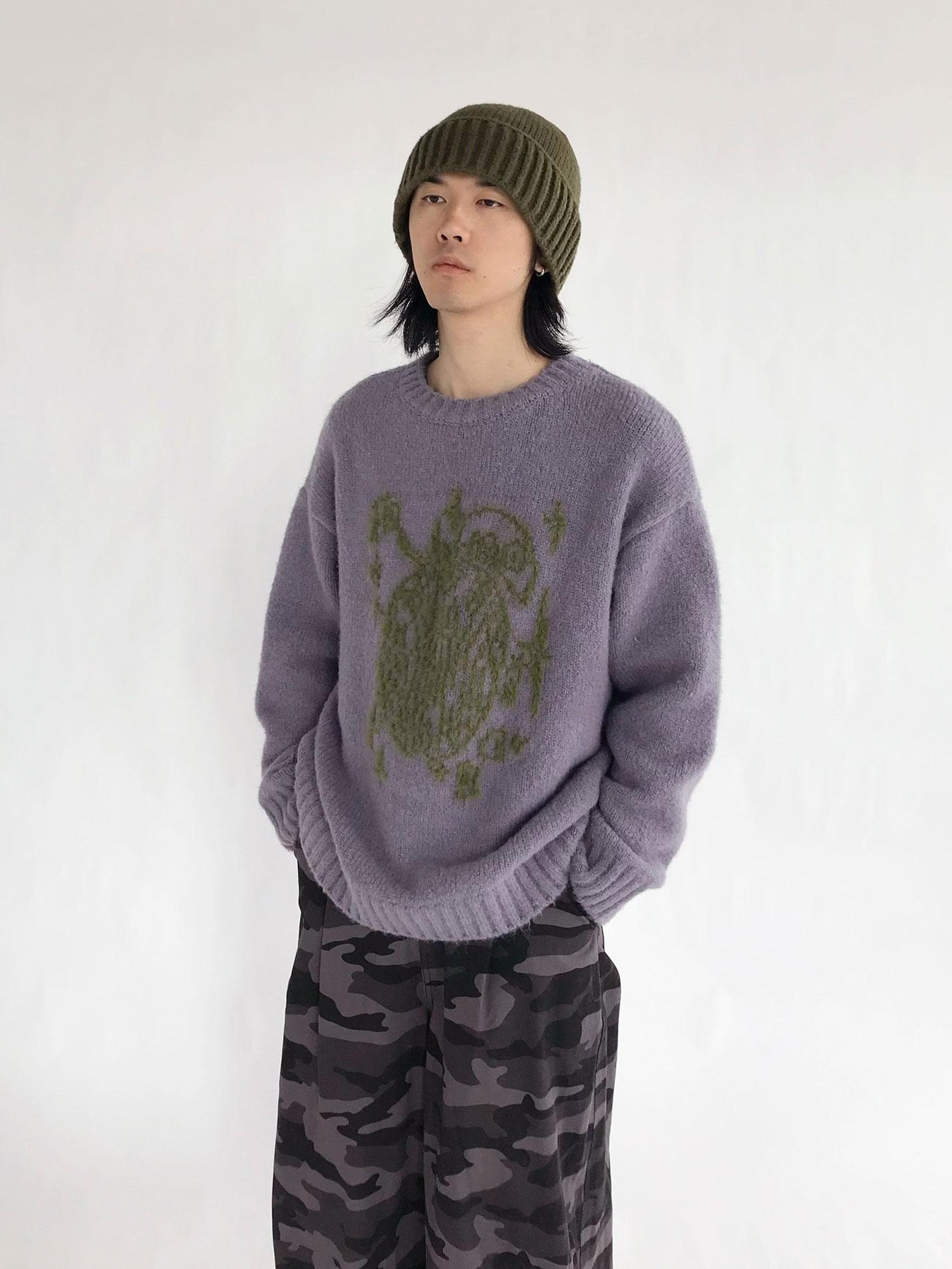 innomoood Apple Jacquard Textured Wool Sweater V-Neck T-Shirt Long-Sleeve