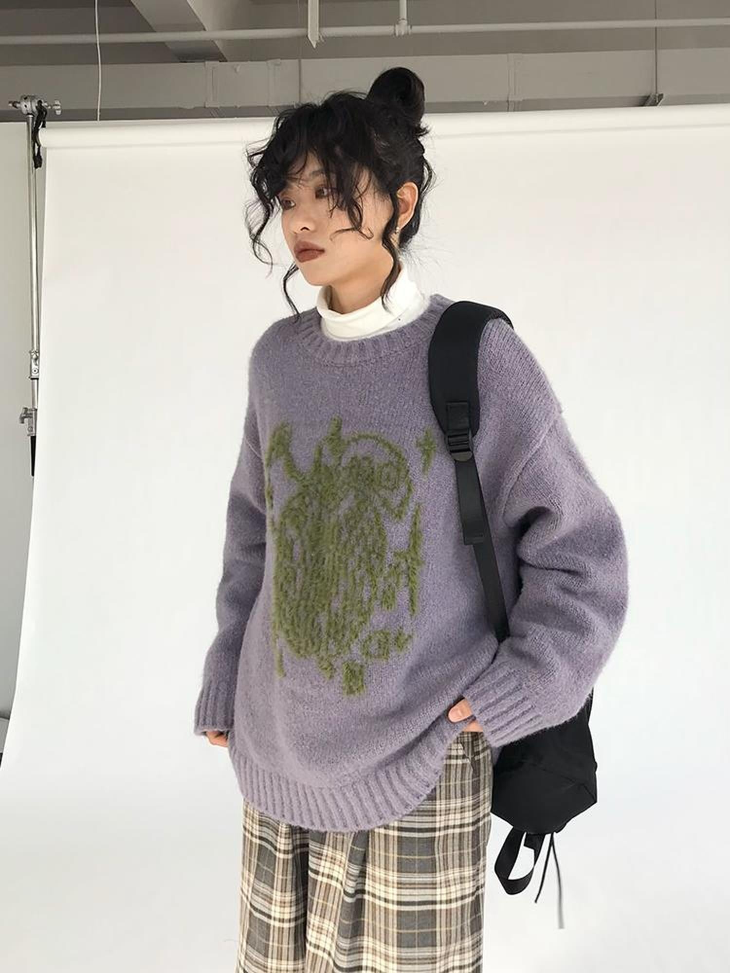 innomoood Apple Jacquard Textured Wool Sweater V-Neck T-Shirt Long-Sleeve