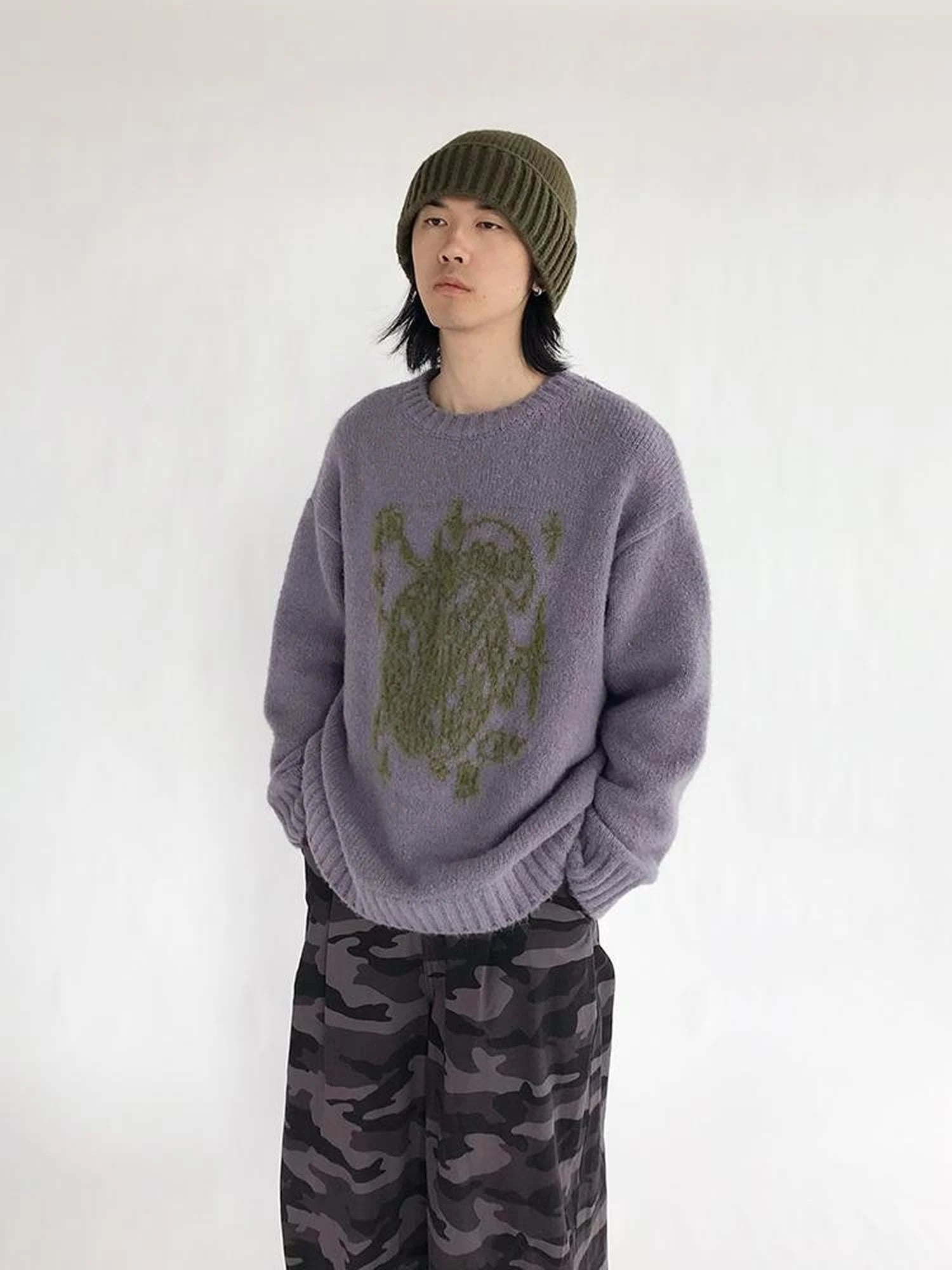 Apple Jacquard Textured Wool Sweater V-Neck T-Shirt Long-Sleeve