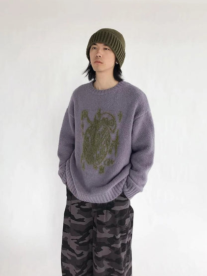 Apple Jacquard Textured Wool Sweater V-Neck T-Shirt Long-Sleeve