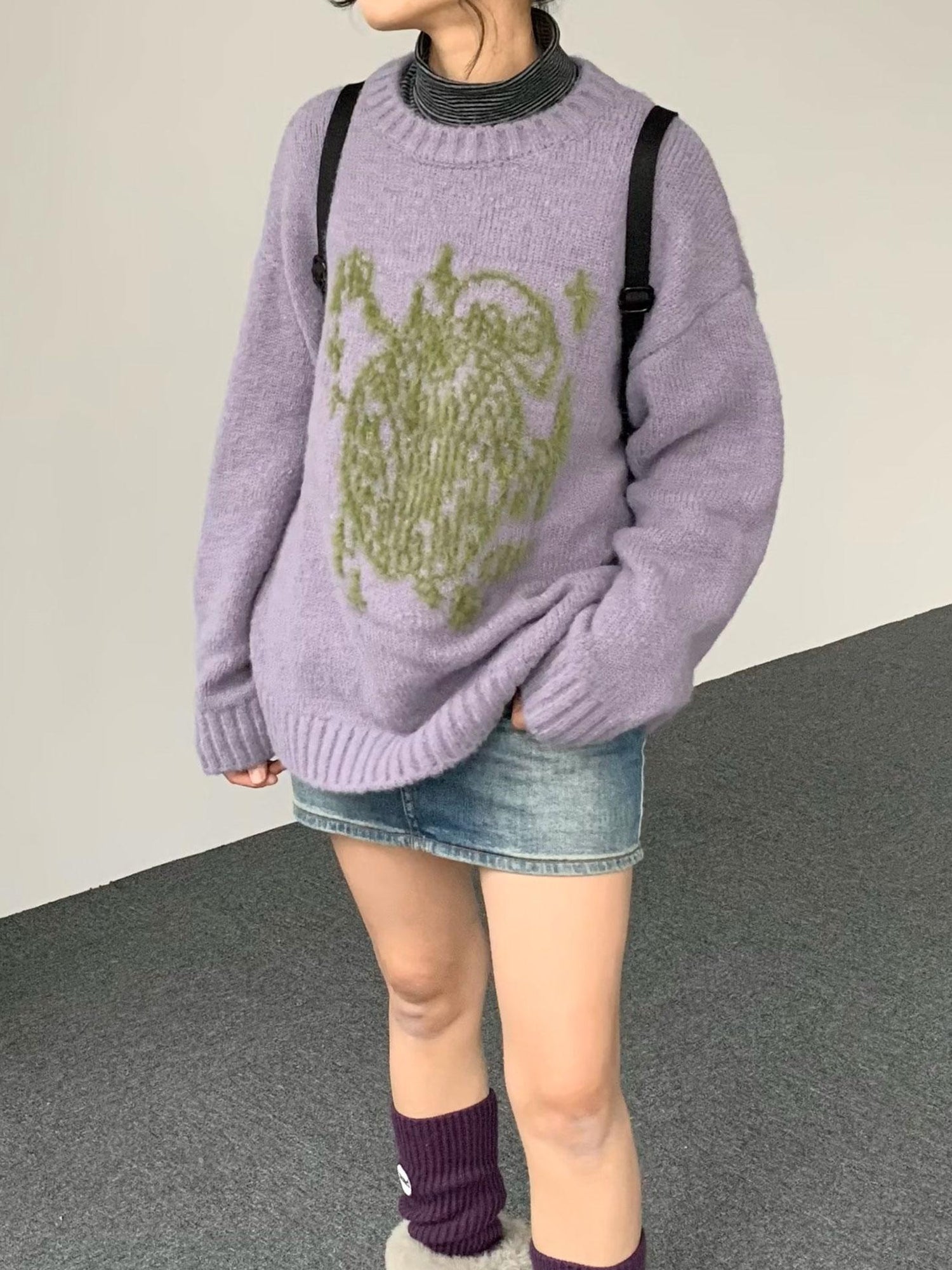 innomoood Apple Jacquard Textured Wool Sweater V-Neck T-Shirt Long-Sleeve