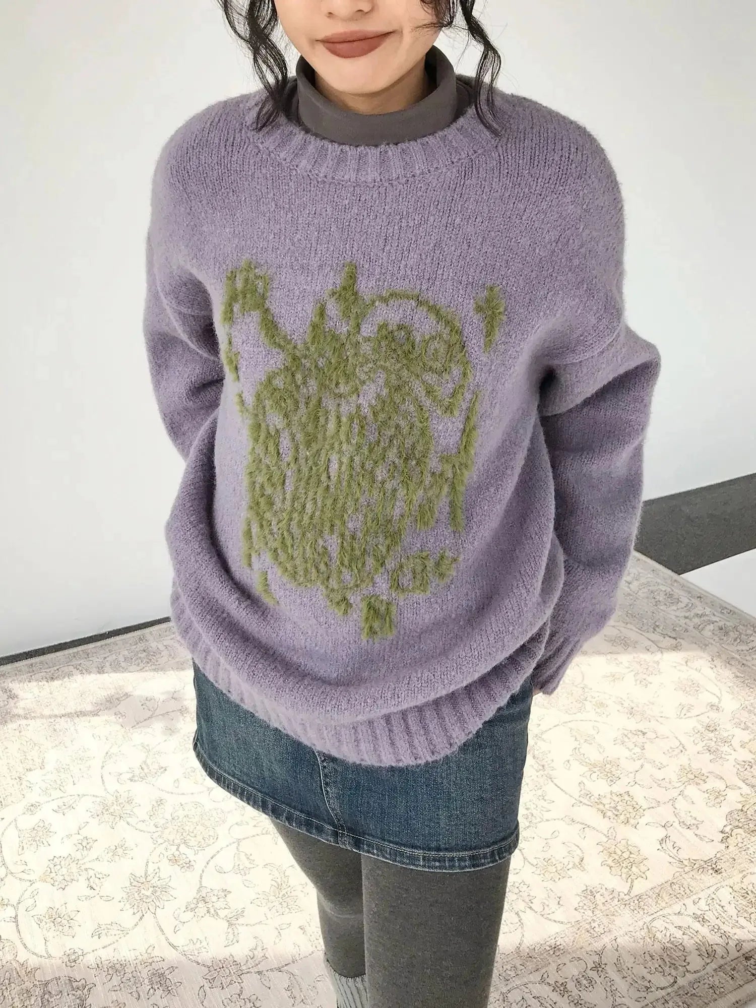 Apple Jacquard Textured Wool Sweater V-Neck T-Shirt Long-Sleeve