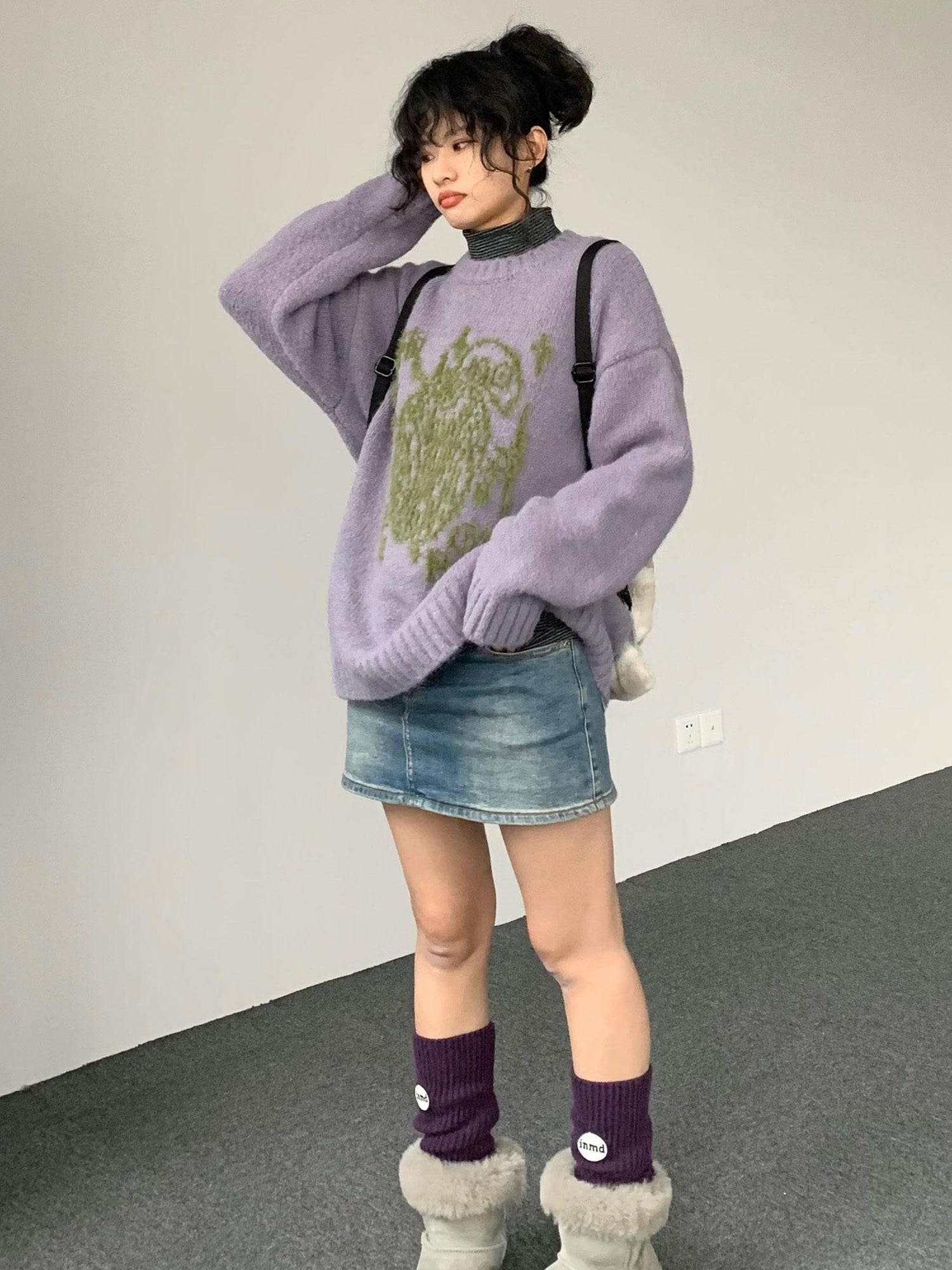 innomoood Apple Jacquard Textured Wool Sweater V-Neck T-Shirt Long-Sleeve