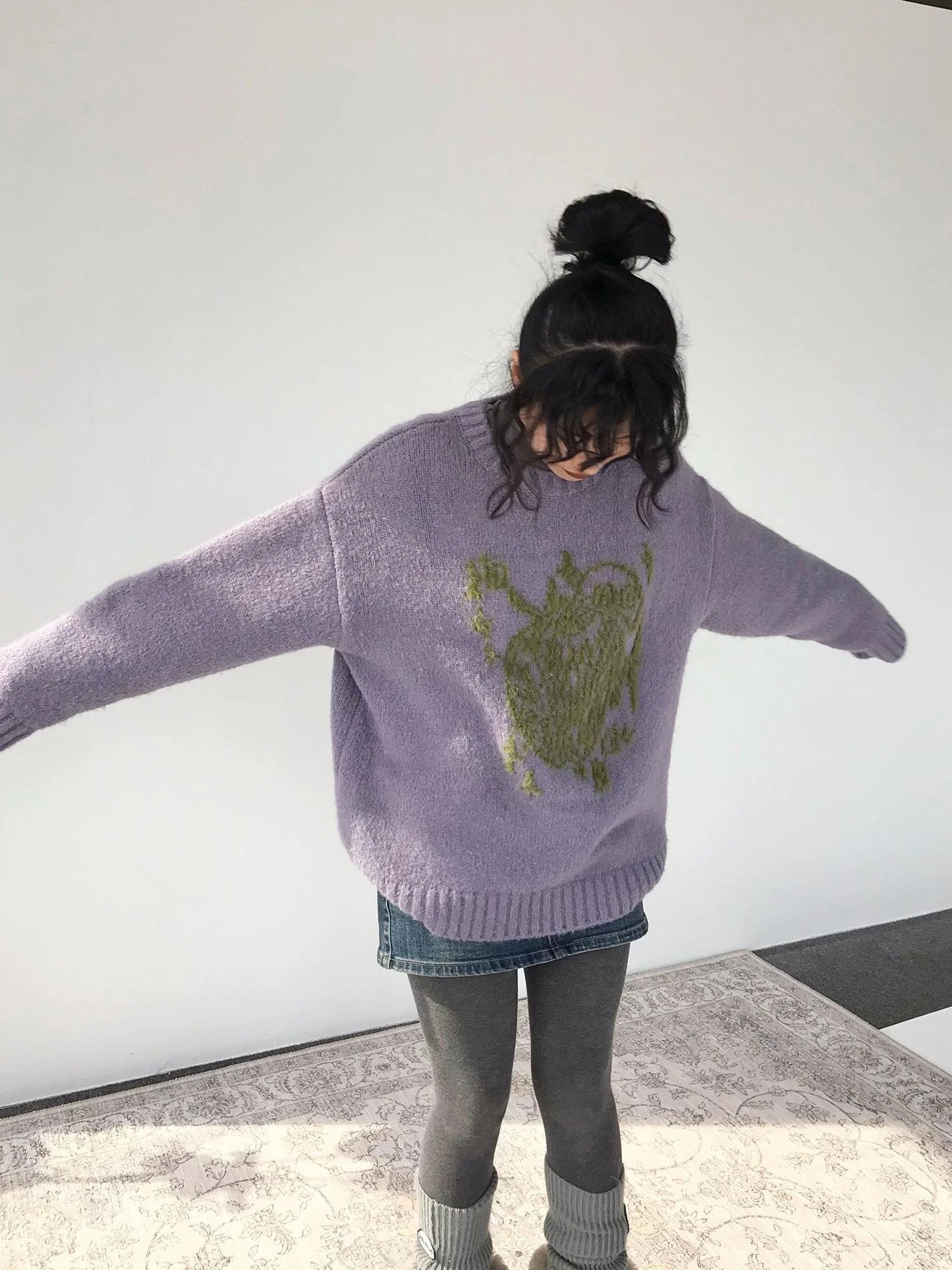 Apple Jacquard Textured Wool Sweater V-Neck T-Shirt Long-Sleeve