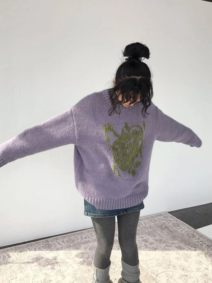 Apple Jacquard Textured Wool Sweater V-Neck T-Shirt Long-Sleeve