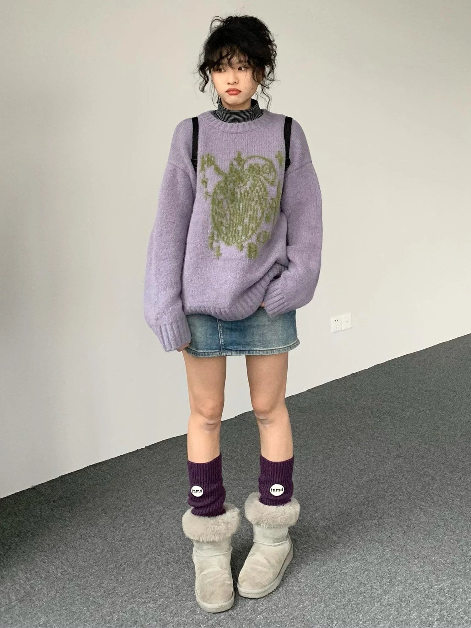 Apple Jacquard Textured Wool Sweater V-Neck T-Shirt Long-Sleeve