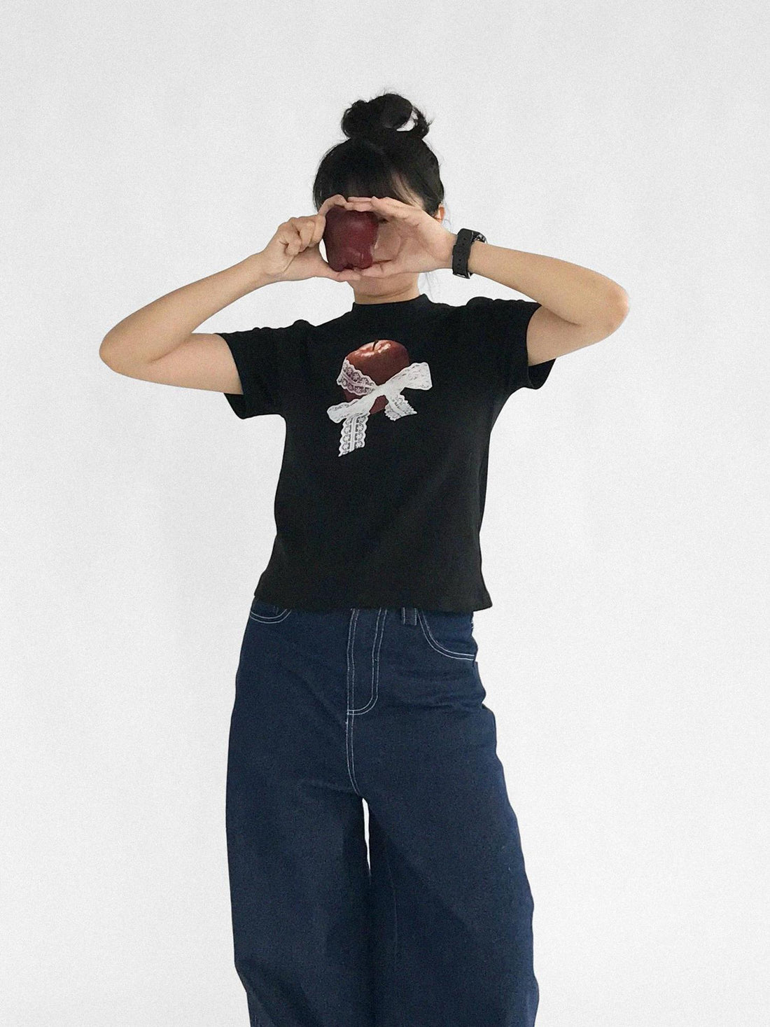innomoood Apple Lace Bow Print Cotton T-shirt