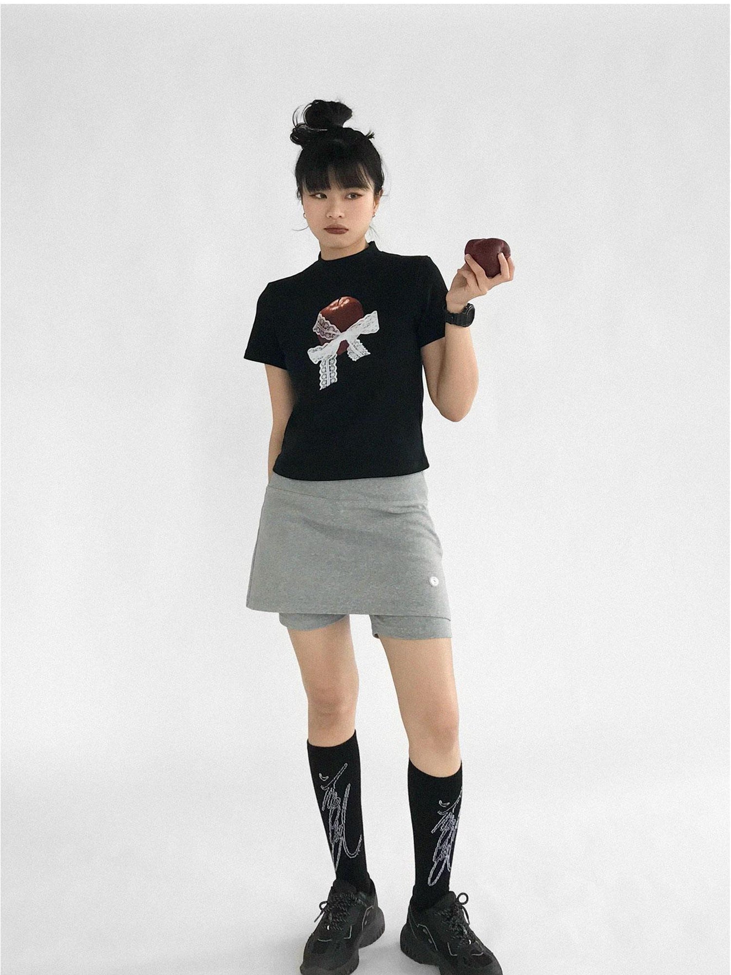innomoood Apple Lace Bow Print Cotton T-shirt