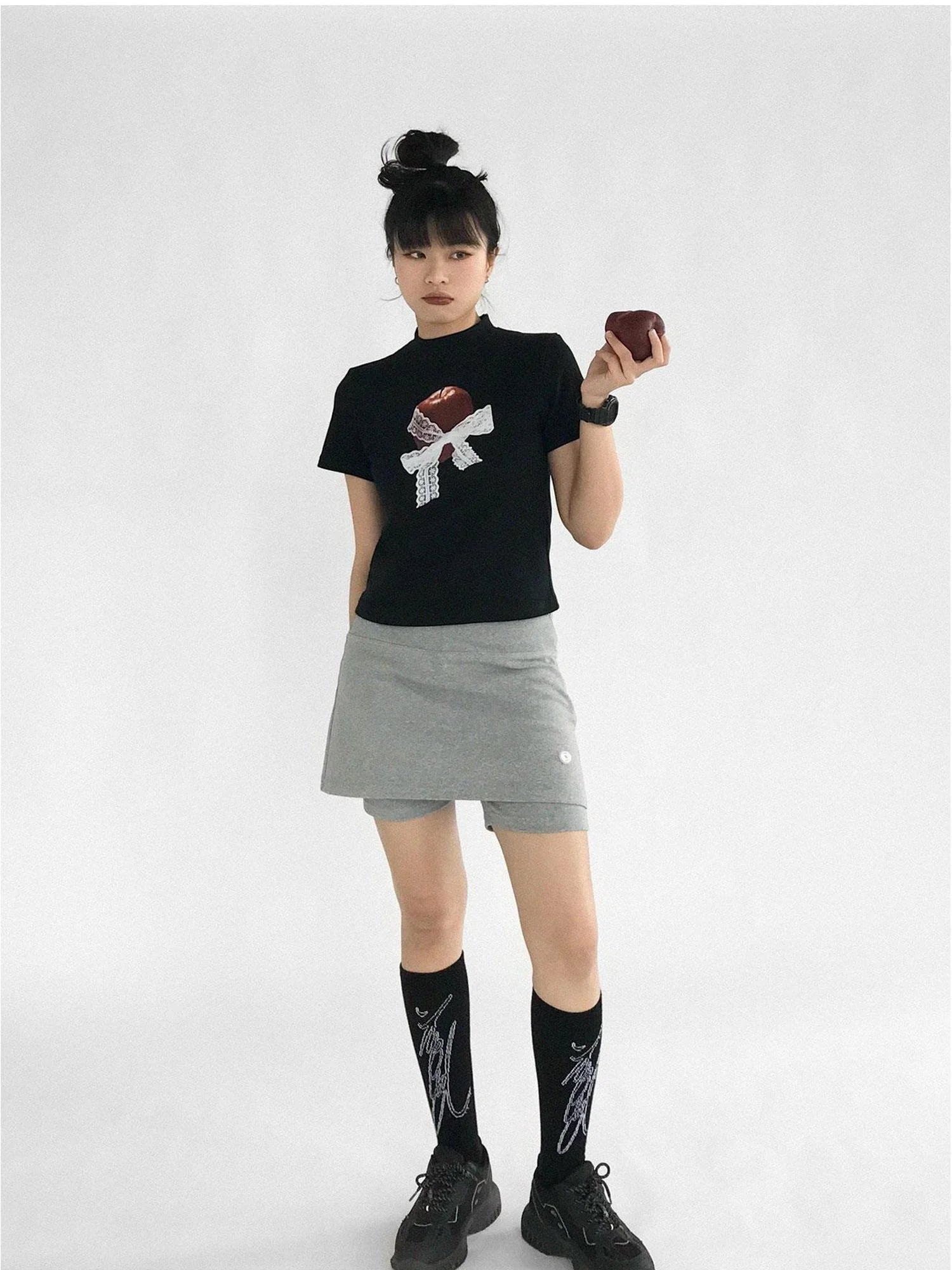 Apple Lace Bow Print Cotton T-shirt