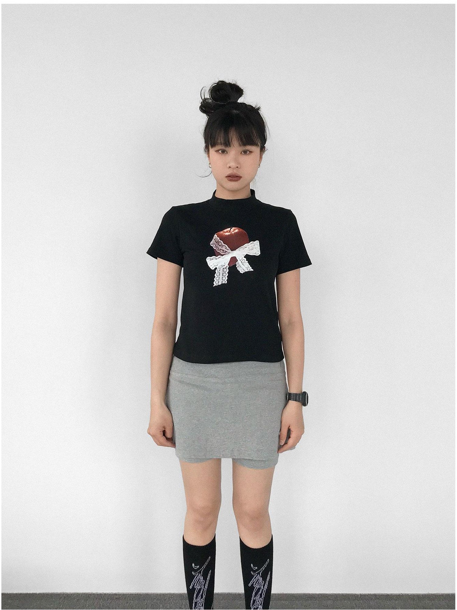 innomoood Apple Lace Bow Print Cotton T-shirt