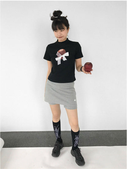 innomoood Apple Lace Bow Print Cotton T-shirt