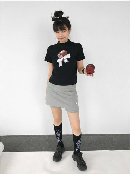 Apple Lace Bow Print Cotton T-shirt