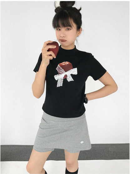 innomoood Apple Lace Bow Print Cotton T-shirt