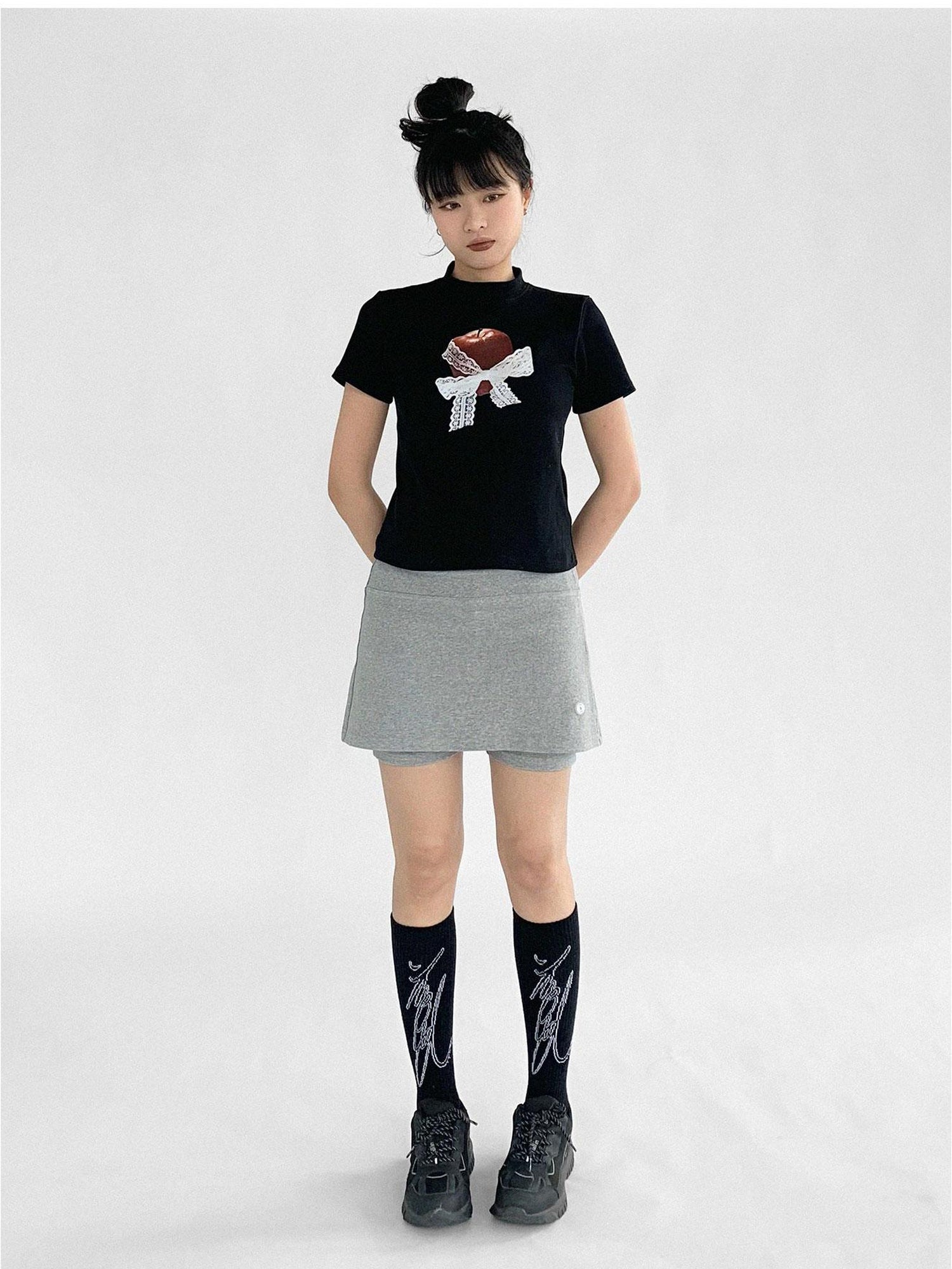 innomoood Apple Lace Bow Print Cotton T-shirt
