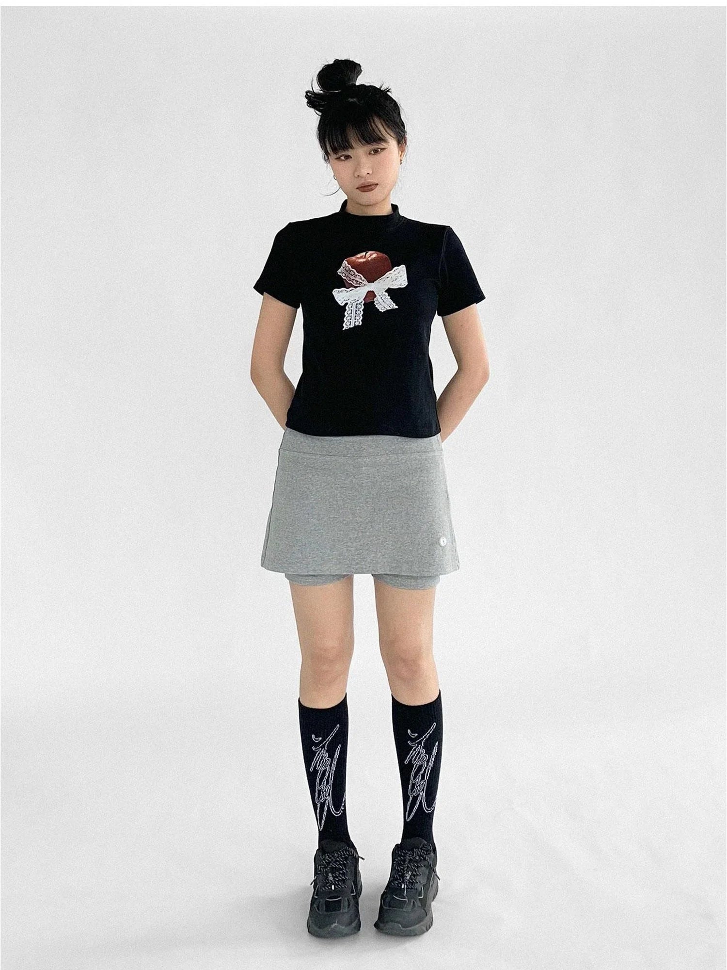 Apple Lace Bow Print Cotton T-shirt