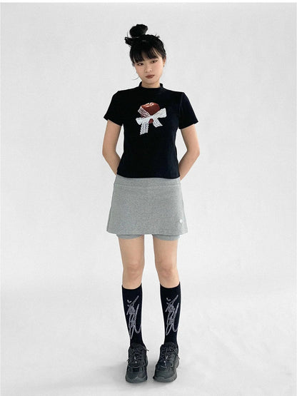 Apple Lace Bow Print Cotton T-shirt