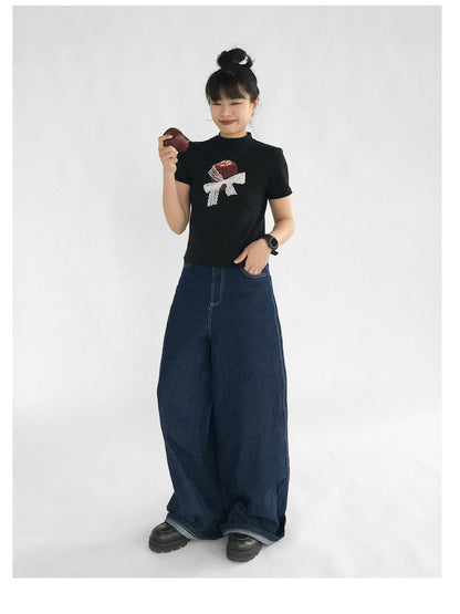 innomoood Apple Lace Bow Print Cotton T-shirt