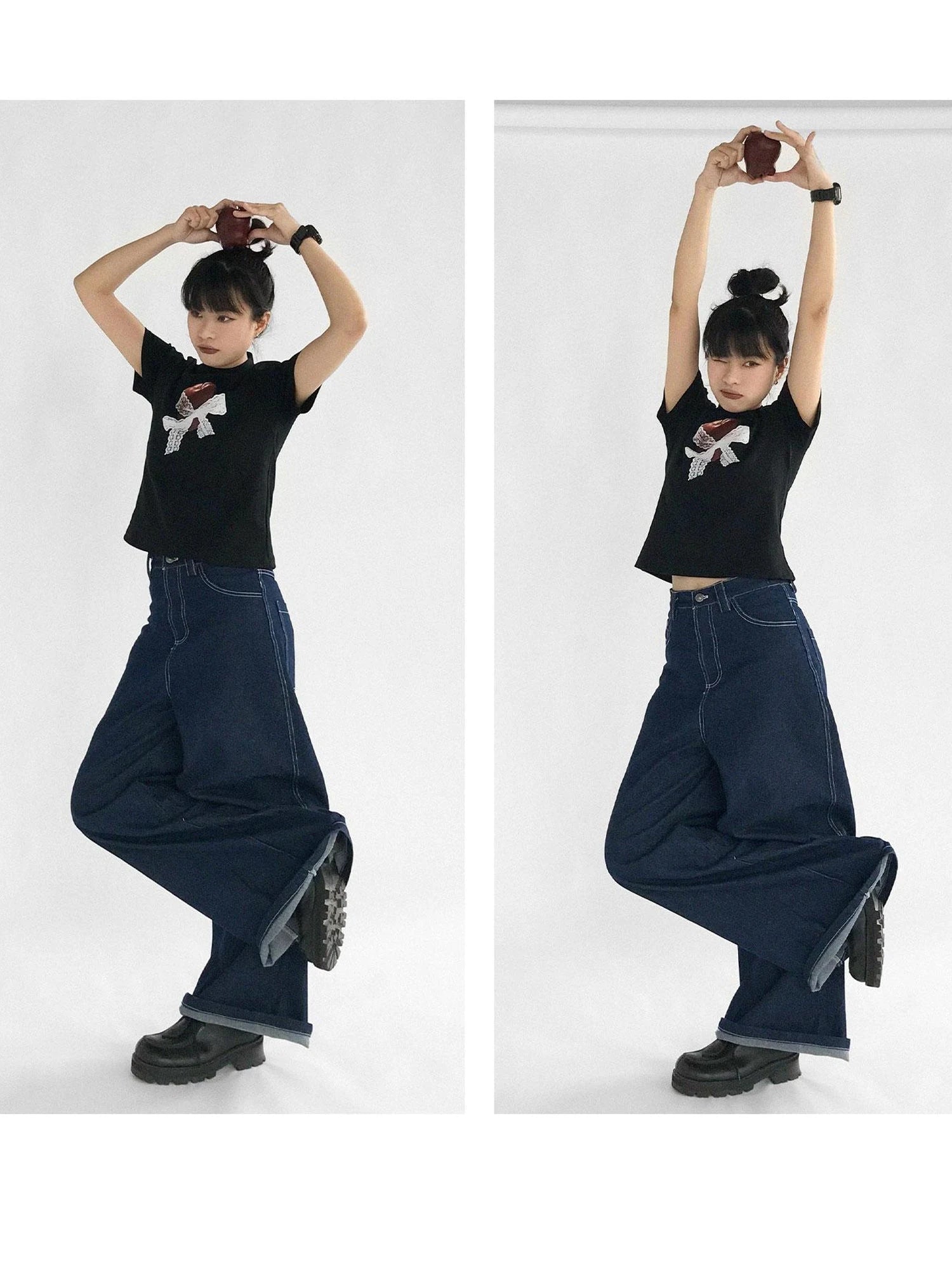 Apple Lace Bow Print Cotton T-shirt