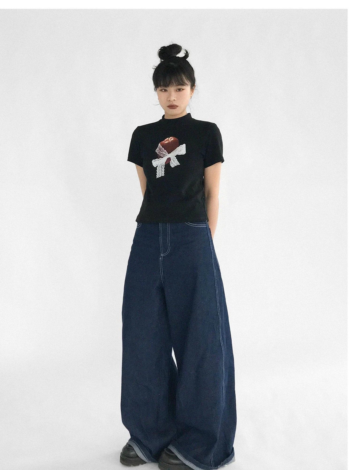 Apple Lace Bow Print Cotton T-shirt