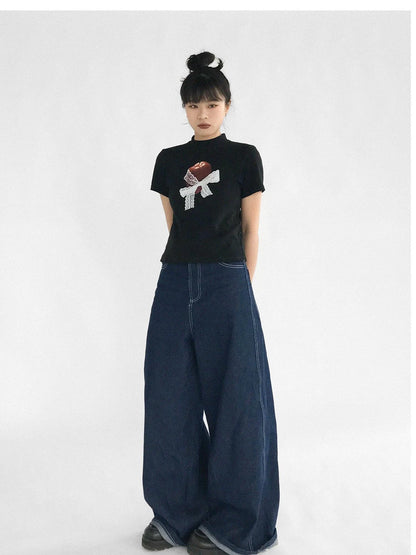 Apple Lace Bow Print Cotton T-shirt