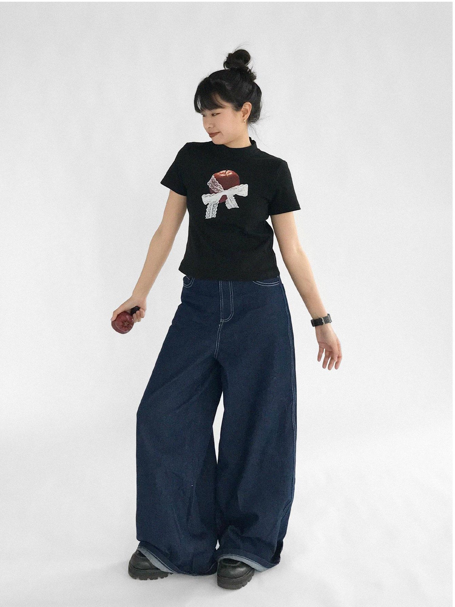 innomoood Apple Lace Bow Print Cotton T-shirt