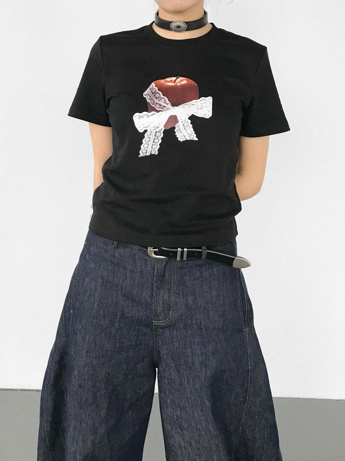 innomoood Apple Lace Bow Print Cotton T-shirt