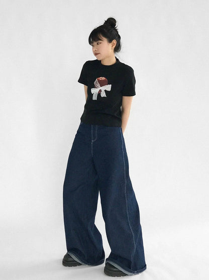 Apple Lace Bow Print Cotton T-shirt