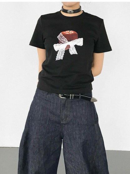innomoood Apple Lace Bow Print Cotton T-shirt