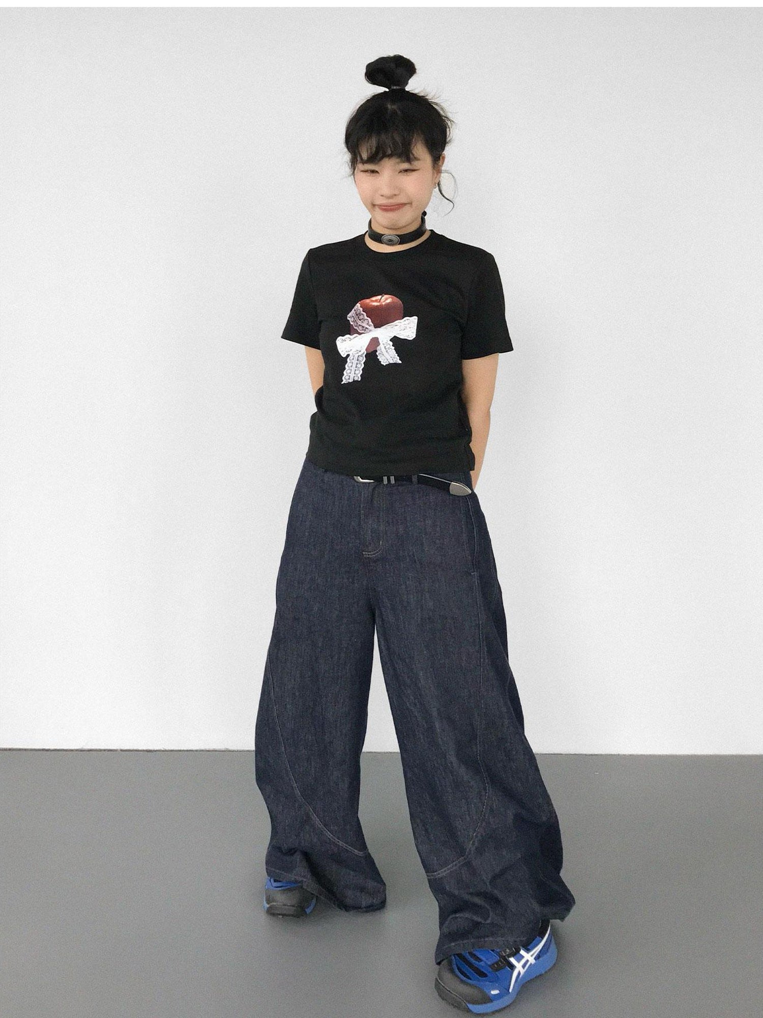 innomoood Apple Lace Bow Print Cotton T-shirt