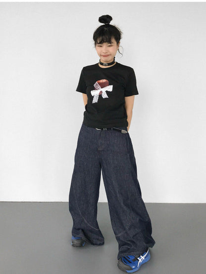 innomoood Apple Lace Bow Print Cotton T-shirt